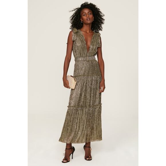 Sabina Musayev Helena Gold Metallic Tiered Tie Shoulder V-Neck Maxi Dress Sz XL - Picture 1 of 14